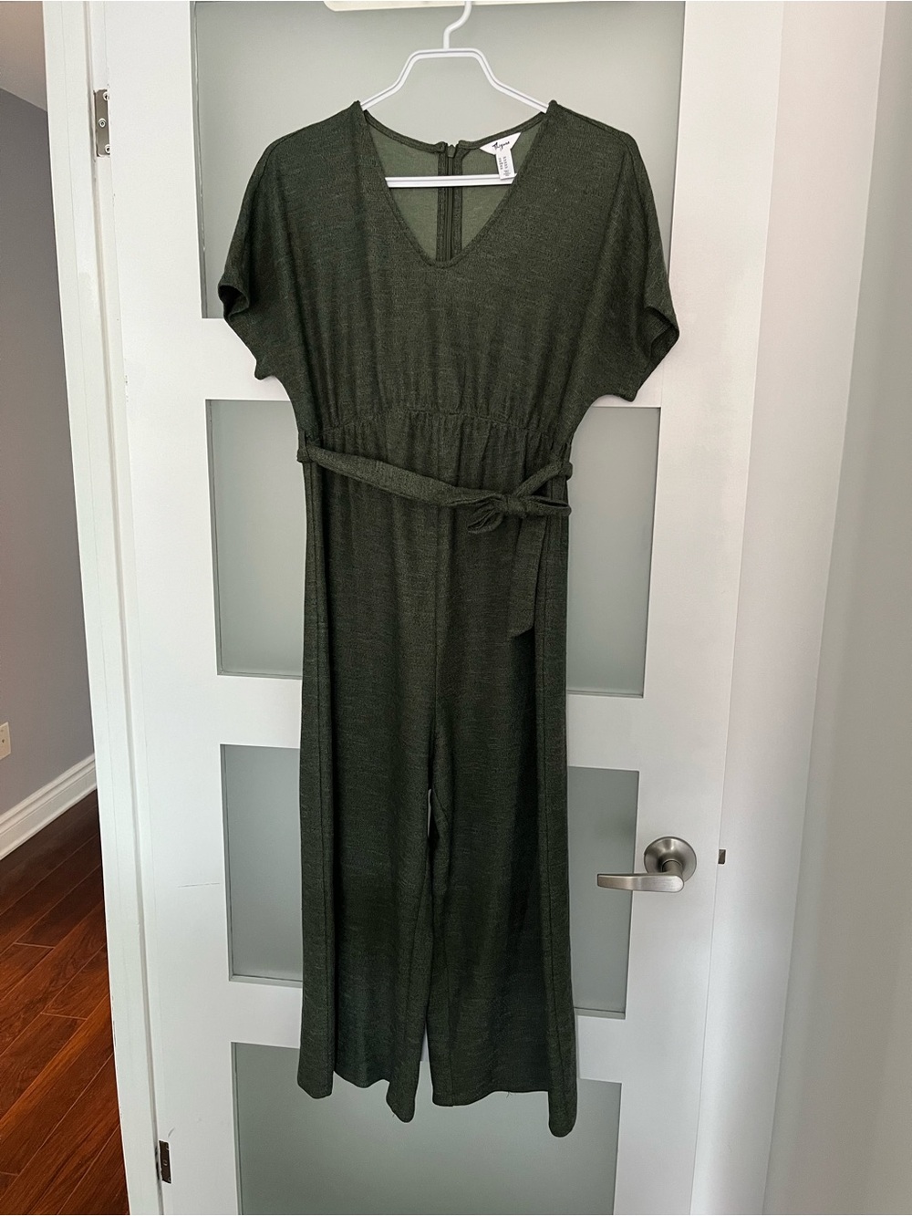Thyme Maternity Olive V-Neck Wide-Leg Jumpsuit with Tie Belt
